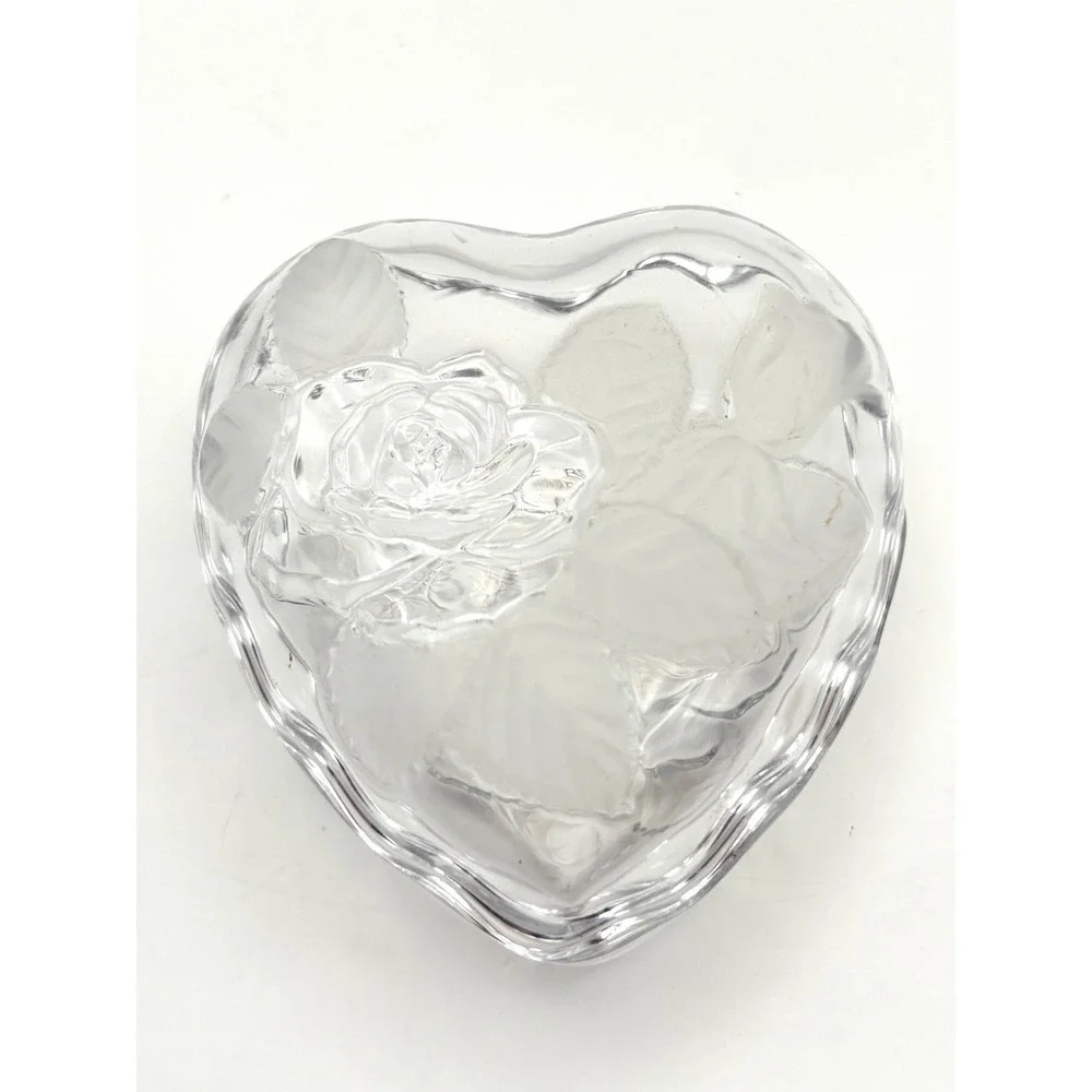 Vintage Home Beautiful Clear Crystal Heart Trinket Box Lidded Rose Japan